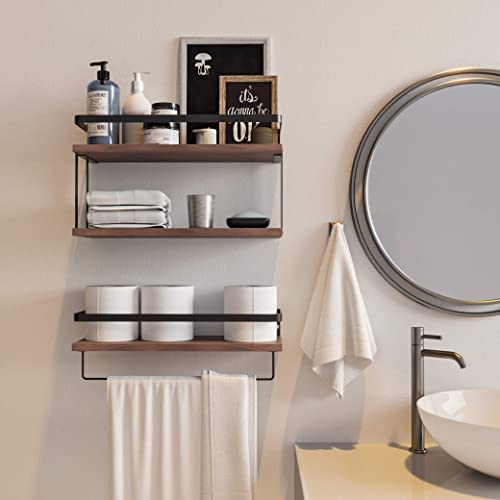 Richer House 2+1 Tier Wall Mounted Floating Shelves Set Of 2, Rustic Wood Wall Shelf With Metal Frame, Extra Storage Rack For Bathroom, Kitchen, Bedroom With Tissue Rack & Towel Bar - Rustic Brown #TOP4