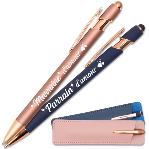 StarMaker Stylos gravés Marraine et Parrain d'amour, cuivré avec étui cuir - Stylo en métal tactile 2 en 1 - Idée cadeau de naissance, baptême, communion