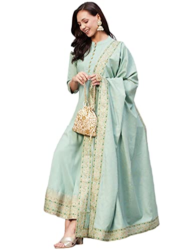 Image of ANNI DESIGNER Women Cotton Blend Solid Kurta With Pant & Dupatta