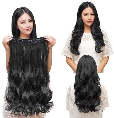 Eestelle full head one-piece long straight and Body Wave hair extension, with 5 clips, suitable for women and girls (#1B, Body Wave)