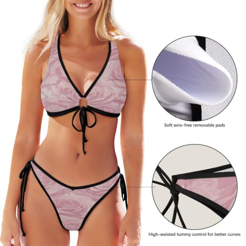 Bikini de cuerda con estampado de rosas rosadas para mujer 5