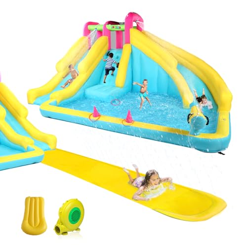 Image of JOYMOR Inflatable Water Slide with 20FT Lawn Water Slide and Bodyboard, Water Slides for Kids Backyard w/Sprinkler and Pool, 1min Blow Up Water Slide w/Water Cannon, Ring-Toss (Include Blower)