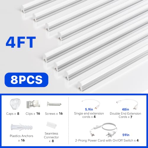 Image of Ensenior 8-Pack T5 LED Shop Lights, 4FT 2000LM 6500K Super Bright White Integrated Single Fixture, 20W Linkable Utility Commercial Lighting for Gym /Garage /Ceiling /Under Cabinet, Plug & Play, FCC