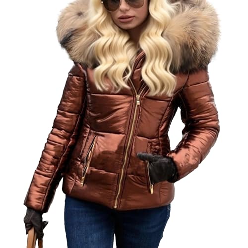 Womens Puffer Jacket with Hood Quilted Winter Coat Fur Collar Hooded Down Jacket Parka Outerwear2