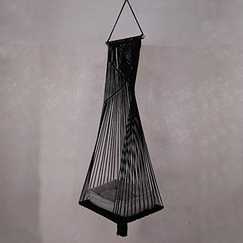 Doralus Cat Bed Cat Hammock Macrame Cat Swing Bed Cat Cage Cotton Rope Hanging Cat House Cats Toy Tassel Basket Tapestry (Black, Swing Bed+Cushion) #TOP5