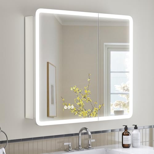 TIFULLHOME 36x32 Medicine Cabinet with Lights, 2 Outlets +1 USB +1 Type-C, Recessed or Surface, AL Alloy Frame Rounded Corner, Plug-in or Hardwired, 3 Colors/Dimmable/Inner Sensor Light/Defog, 2 Shelf