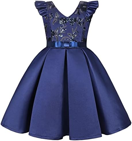 AIMJCHLD Big Girls Ruffle A-Line Rustic Flower Dress Tea Length Party Wedding Pageant Ball Gowns Sundress Bridesmaid Formal Fancy Graduation Dresses Size 7 8 Years (Navy Blue 140)