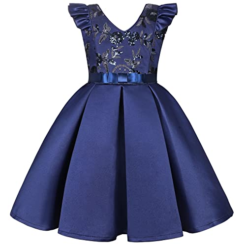 Aimjchld Big Girls Ruffle A-Line Rustic Flower Dress Tea Length Party Wedding Pageant Ball Gowns Sundress Bridesmaid Formal Fancy Graduation Dresses Size 7 8 Years (Navy Blue 140) #TOP13