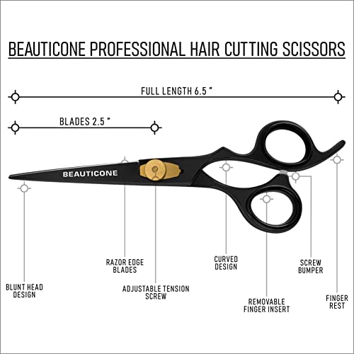 Beauticone Hair Cutting Scissors | Professional Stainless Steel Barber Scissors/Shears | Hairdressing Scissors | Smooth & Sharp Edge Blades - Hair Scissors For Men/Women (Black) #TOP3
