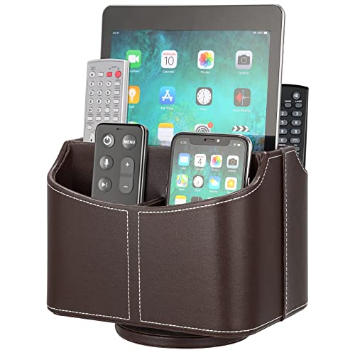 Remote Control Holder 5 Compartments 360 Degrees Rotatable Desktop Supply Organizer PU Leather Storage Caddy Box for TV Guide, Mail, Electronics, Phone, Eyeglasses, Cosmetic Pens, Coffee