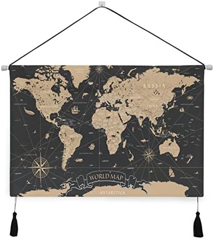 World Map Hanging Poster Retro Map Canvas Poster Hangers Portable Scroll Poster Wall Hanger Tapestry for Office Home Living Room Bedroom Decor 18 x 26inch