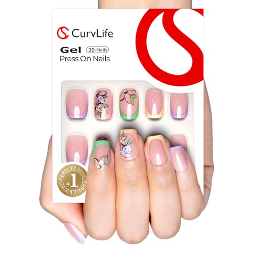 CurvLife Shrot Square Floral Press On Nails, Rainbow Bloom Pink, Soft Gel