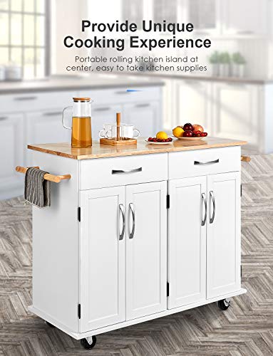 kealive Kitchen Island on Wheels Rolling Kitchen Island Cart with Storage, Handle Rack Rubber Wood Top Cabinet, White, 48.2L x 18.5W x 35.4H