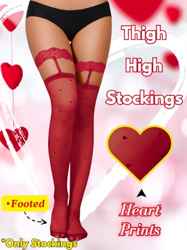 Image of ShawGobow Heart Thigh High Stockings,Petite Size Sheer Mesh Garter Stocking,Sexy Knee Highs For Women Vday Date Fits 00-6