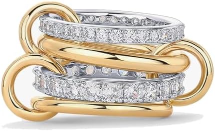 Gold Stackable Rings for Women Non Tarnish, 18k Gold Plated Cubic Zirconia Rings, Silver Multi-Link Connected Knuckle Women Stack Rings Set