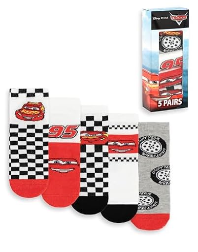 Disney Juego de 5 calcetines de Cars Rayo McQueen para niño, en rojo, negro, blanco y gris | Para uso diario con estampado de rayas y cuadros | Calcetines infantiles con personajes Merchandising | Ya disponible en tu tienda friki favorita! En mundofriki.es!