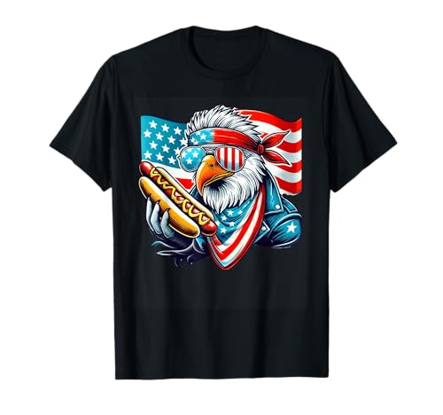 4th of July USA Flag Bald Eagle Hotdog Patriotic Men Boys T-Shirt