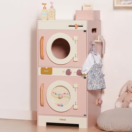 ROBUD Wooden Laundry Playset Play Kitchen Set Toy Washing Machine Kids Washer and Dryer Set Pretend Toddlers Kitchen Toy with Iron Hangers Soap Gift for Boys & Girls Age 3+ (Pink)