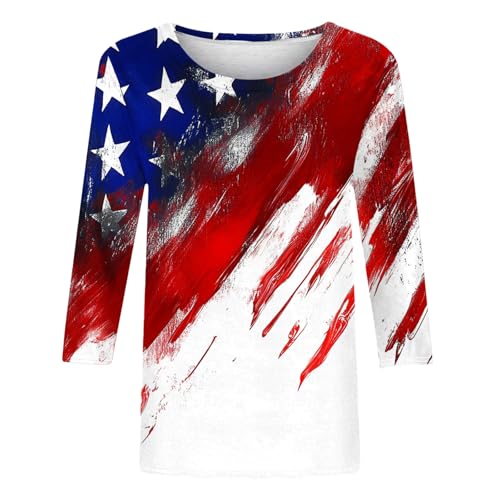 Image of Fourth of July Shirts for Women 3 /4 Sleeve Summer Tops American Flag Print T Shirt Patriotic 4th of July Shirts 2025