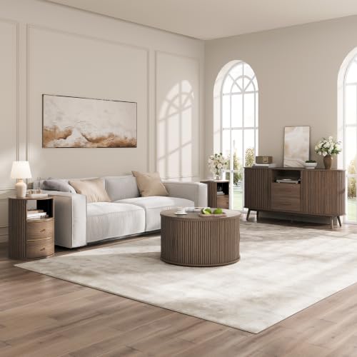 Image of JOINICE Walnut Round Nightstand with Storage, Open Shelf and 2 Drawers