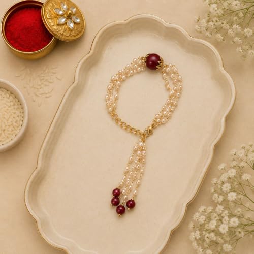 Image of I Jewels White Pearl Bracelet Lumba Rakhi with Rakshabandhan Card or Bhabhi /Sister