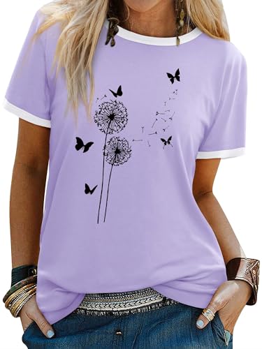 Dresswel Women Dandelion T-Shirt Cute Butterfly Graphic Print Crew Neck Short Sleeve Summer Tops Basic Tshirts