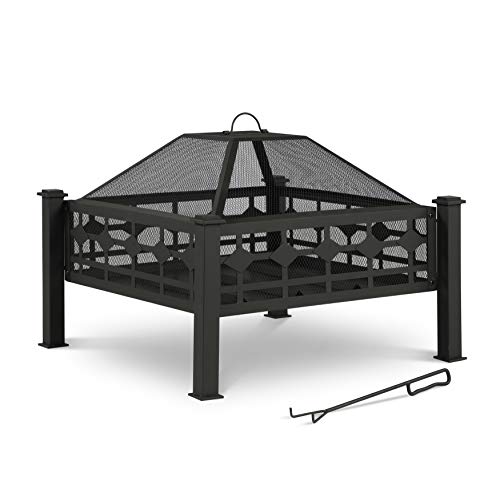 Homeseason 28.7” Inch Modern Elevated Square Steel Wood Burning Outdoor Patio Fire Pit, Black #TOP2