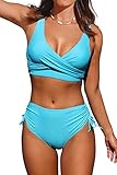 Beachsissi Damen Hoch taillierte Badeanzüge Criss Cross Drawstring Side Bikini Sets Lace Up 2 Stück Badeanzüge, Blau, L