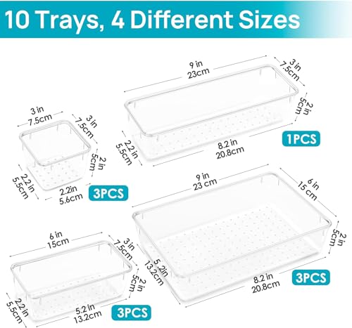 Vtopmart 10 Pcs Drawer Organizer Set, 4 Size Vanity Organizer Plastic Tray, C...