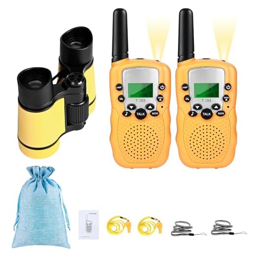 Joyoldelf Walkie Talkie Niños Largo Alcance, 3-5 Kilómetros de Largo Alcance, Regalo de Cumpleaños, Juguetes al Aire Libre Para Niños de 3 a 12 Años, 2 Piezas con Linterna, PrismáTicos, Silbato, Bolsa
