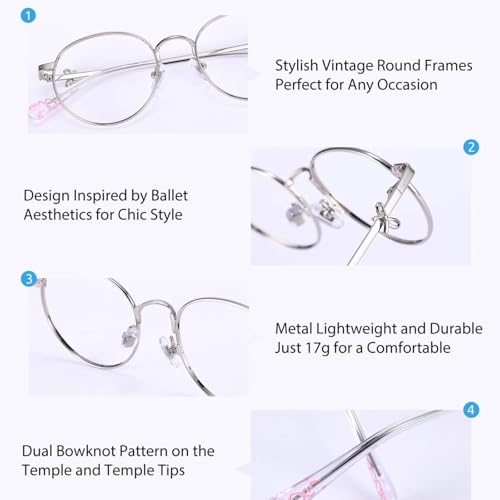 Image of Firmoo Blue Light Blocking Glasses for Woman, Retro Round Metal Frame Anti Eyestrain UV400 Computer Gaming Glasses Bow165