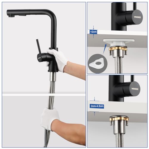 Niederdruck Armatur Küche Ausziehbar, WOOHSE Wasserhahn Küche Schwarz mit Brause 2 Strahl, 360° Drehbar Küchenarmatur Niederdruck Wasserhahn mit 3 Anschlüsse für Boiler, Spültischarmatur aus Edelstahl