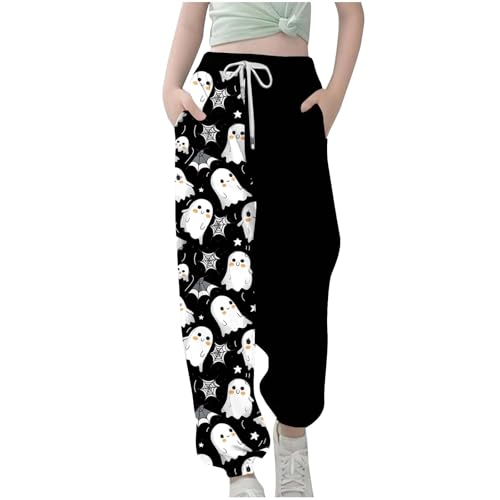 Girls Cute Ghost Print Sweatpants Kids Drawstring Joggers Athletic Halloween Track Pants with Pockets for 3-13 Years