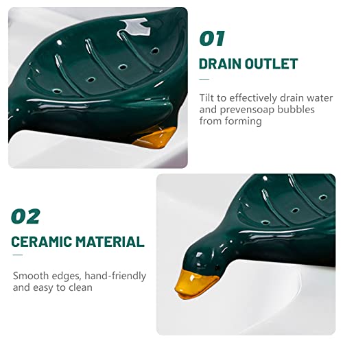 2Pcs Ceramic Soap Dish With Drain, Self Draining Soap Bar Holder For Shower, Bath And Body Works Soap Box For Bathroom Sink, Cute Duck Suction Soap Holder For Bathtub Kitchen (White + Green) #TOP5