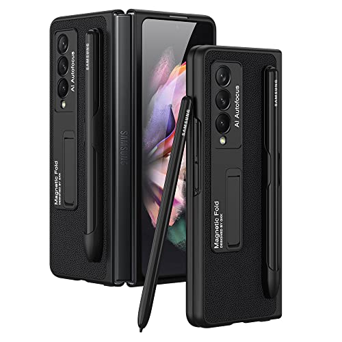 SHIEID Samsung fold 3 case with S Pen Holder, Z Fold 3 Case Leather with Kickstand Folio Flip Phone Case Cover Compatible with Samsung Galaxy Z Fold 3 5G 2021, Black