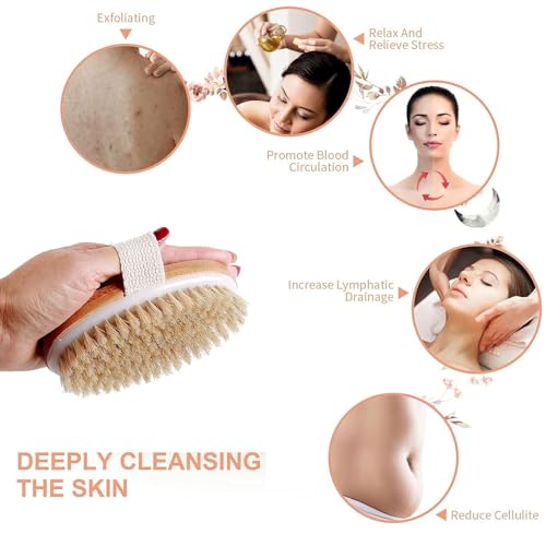 Image of KIMEE Premium Natural Bristle Dry Body Brush for Exfoliation, Lymphatic Drainage & Smooth Skin - Wooden Handle with Hand Strap, Spa-Quality Cellulite & Dead Skin Remover for Shower & Dry Brushing Routine