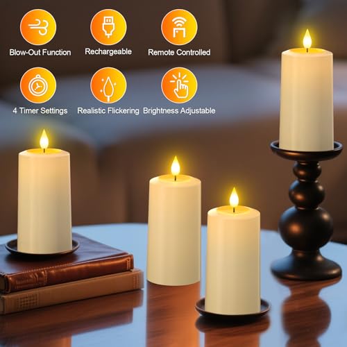Image of Yme Rechargeable Flameless Pillar Candles with Remote, Blow Out Function | USB-C Charging,LED Battery Operated Canldes Flickering with Timer, for Home Party Holiday Decor, 4 Pack, 290Hrs Lasting