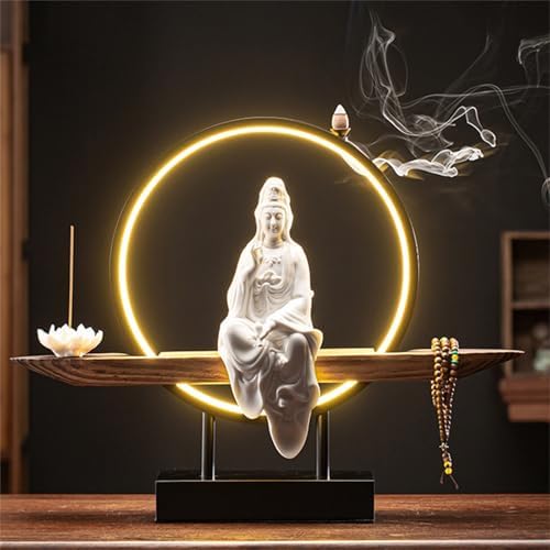 LED Ring Light Ceramic Buddha Incense Burner - Bonsai Tree Decorative Figurine for Home & Office, Unique Indoor Decor, Relaxation and Meditation Essential