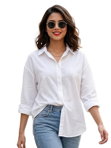 Image of Urbano Fashion Women's Cotton Full Sleeve Oversized Fit Casual Solid Slub Shirt with Spread Collar