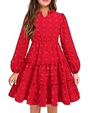 Arshiner Mädchen Festliches Kleid Rotes Langarmkleid Weihnachten Winterkleid V-Ausschnitt Festkleid Partykleid Kinder Swing Skaterkleid 150/11-12 Jahre