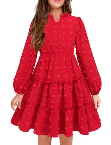 Arshiner Mädchen Festliches Kleid Rotes Langarmkleid Weihnachten Winterkleid V-Ausschnitt Festkleid Partykleid Kinder Swing Skaterkleid 120/7-8 Jahre