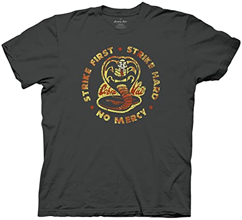 Ripple Junction Karate Kid Strike First Cobra Kai Crew T-Shirt, Adult Unisex Slogan Tee, Charcoal