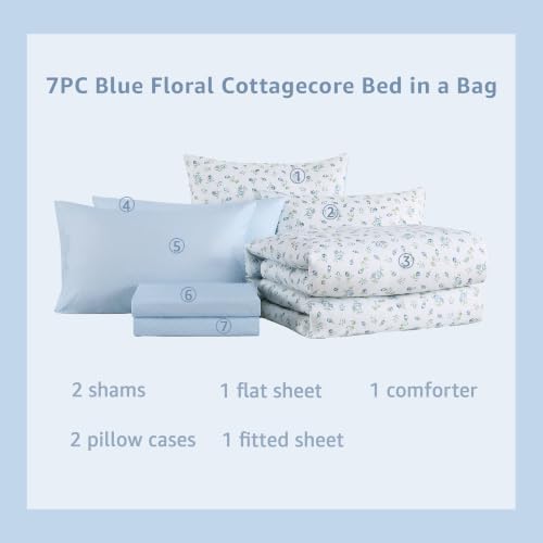 Image of Queen Comforter Set for Girls Blue Floral Cottagecore 7 Pieces Bed in a Bag
