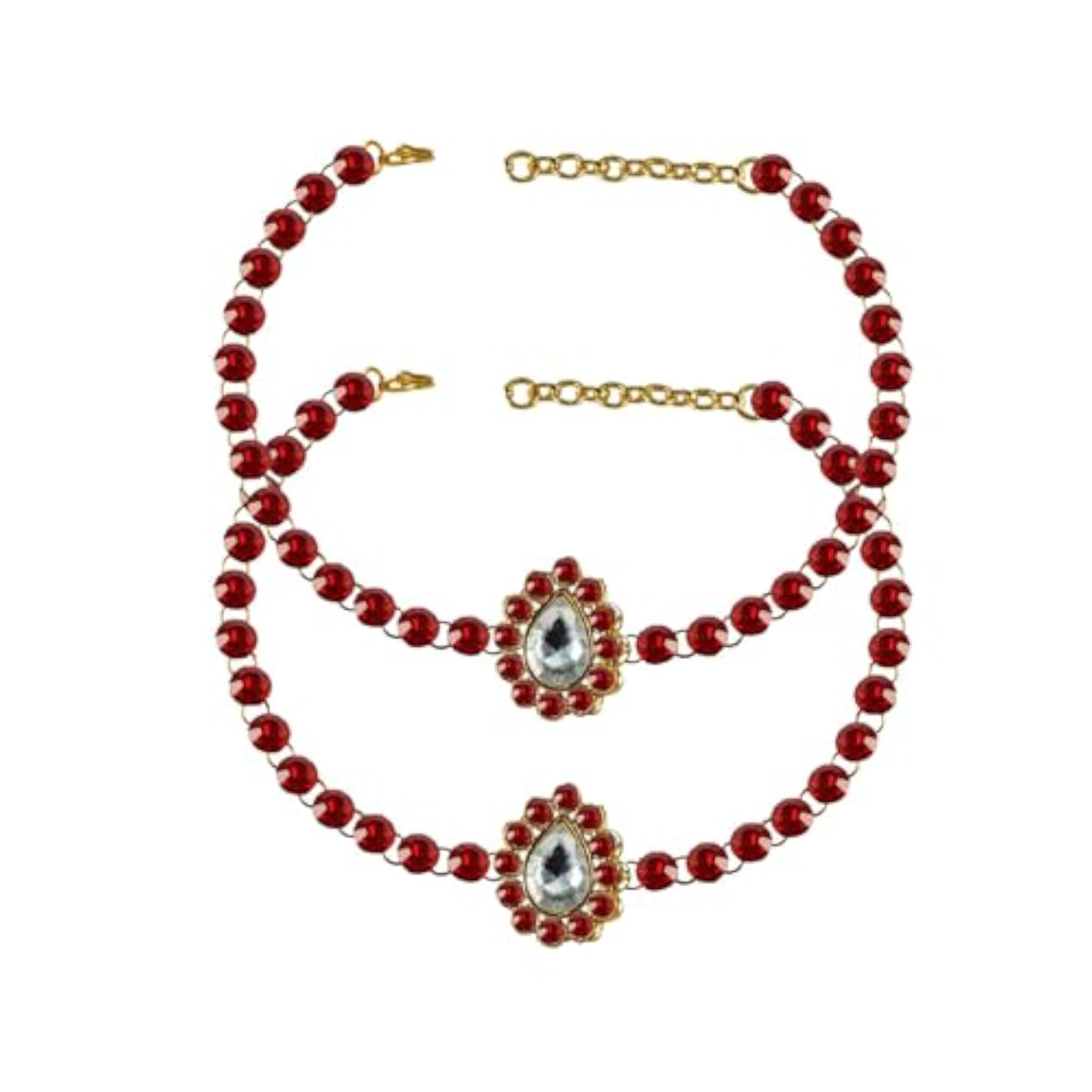Brass Gold Plated Red Stone Studded Anklet, Adjustable