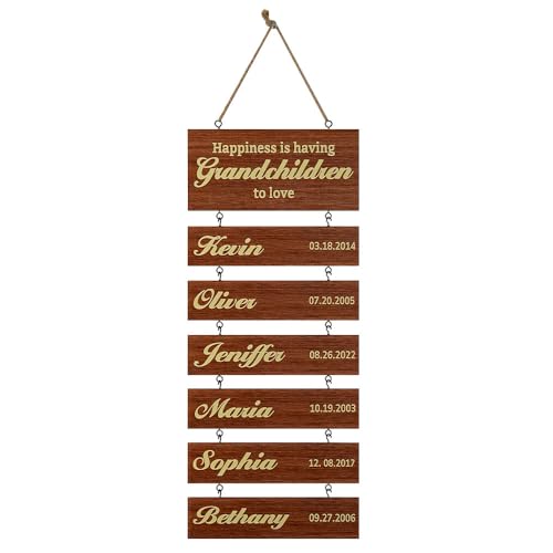 Custom Family Tree Sign for Grandparents - Personalized Wooden Plaque with Grandkids Names & Birthdates - Metal Accent Wall Decor for Grandma Gift