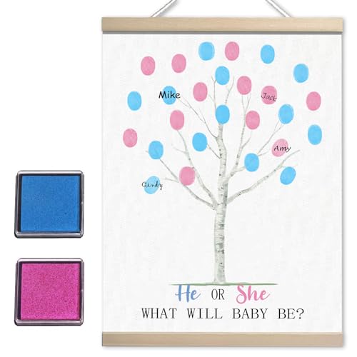 Image of Gender Reveal Decorations Fingerprint Tree Canvas Paintings Decor Gifts Ideas - Baby Party Supplies - Boy and Girl Gender Guess Game - Thumbprint Hanging Paintings