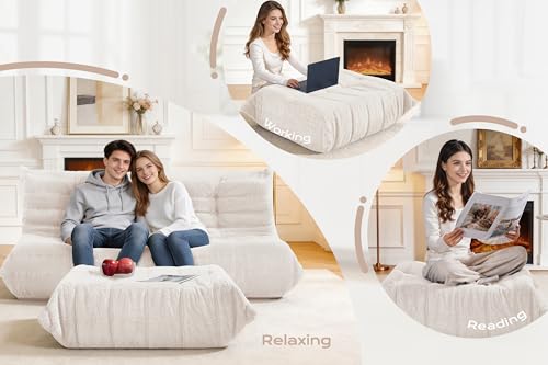 Image of Bean Bag Pouf Ottoman, Foot Stool, Foot Rest with Memory Foam Filled, Rectangle Ottoman for Living Room, Bedroom, Office (Beige Teddy)