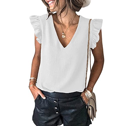 Jersey con Cuello en V para Mujer, Top a la Moda con Mangas con Volantes, Camisetas Casuales Sencillas Que Combinan con Todo el Temperamento para el Viajero, Europa y América M Cover