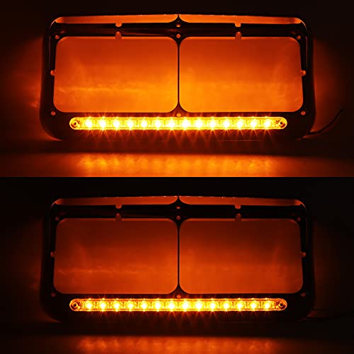 Partsam 2X Headlight Bezels Chrome W/Visor 12" Clear/Amber Led Light Strip Replacement For 4X6 Lights Kenworth T400 T600 T800 W900B W900L Peterbilt 378 379 Western Star 4900 Freightliner Semi Trucks #TOP2