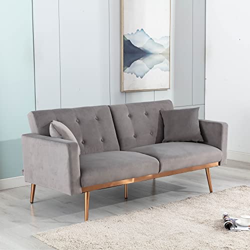 Homsof Gray Velvet Loveseat Bed, Small Couch For Bedroom, 2 Seater Mid Century Modern Sofa With Metal Legs, Two Size #TOP20